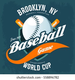 Baseball ball and bats on shield for t-shirt symbol. Sport club logo and brooklyn new york world cup championship, cloth branding and professional advertising. Athlete sportswear, pitcher player print