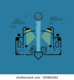 Baseball Ball Being Hit Out of the Park, Stadium, Field,  Thin line Vector Style. Vector, Illustration