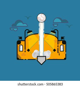 Baseball Ball Being Hit Out of the Park, Stadium, Field,  Thin line Vector Style. Vector, Illustration