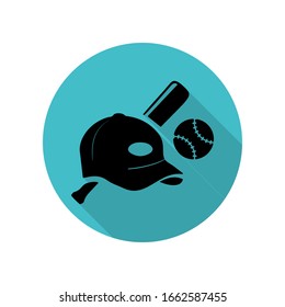 Baseball ball cap and bit long shadow icon. Simple glyph, flat vector of arrow icons for ui and ux, website or mobile application