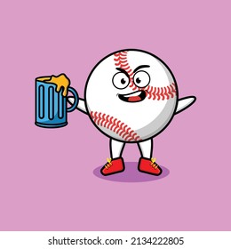 Baseball ball cartoon mascot character with beer glass and cute stylish design