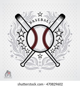 Baseball ball in center of silver laurel wreath on light background. Sport logo for any team