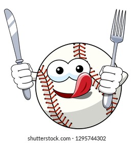 baseball ball character mascot cartoon fork knife hungry vector isolated on white