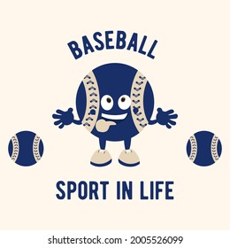 Baseball ball. Ball character. Vector image in retro style. Print on a sweatshirt, T-shirt, cap or backpack.