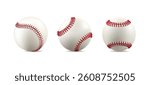 Baseball ball clipart. Set of white leather softball, vintage line of red stiches. 3d isolated vector mockup. Player equipment mockup team logo. Realistic fastball catch drawing, sport club element