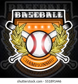 Baseball ball with crossed bats in the middle of golden wreath on shield. Sport logo for any team or competition