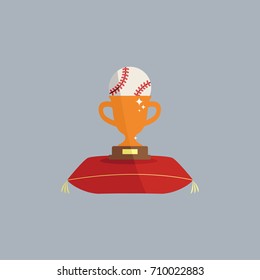 baseball ball flat design style isolated cartoon on green background. simple clean golden glowing Trophy Cup emblem Vector Icon sport. Winning competition symbol illustration on a pillow or cushion. 