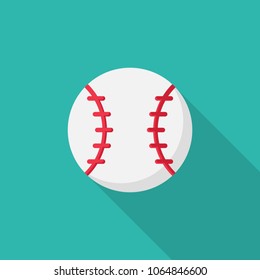 Baseball ball flat icon with long shadow isolated on blue background. Simple baseball ball in flat style, vector illustration for web and mobile design. Sport equipment elements vector sign symbol.