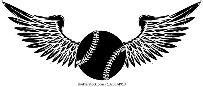 Baseball Ball Flying With Angel Wings black silhouette vector svg