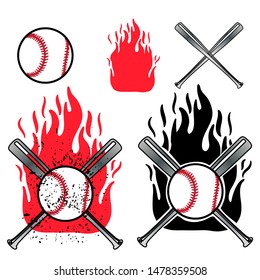 Baseball ball front and cross baseball bat on flame background.
Element of sport baseball for logo design.