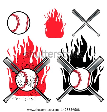 Baseball ball front and cross baseball bat on flame background.
Element of sport baseball for logo design.