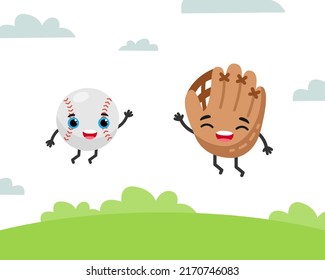 Baseball ball and glove characters are jumping. Flat vector illustration