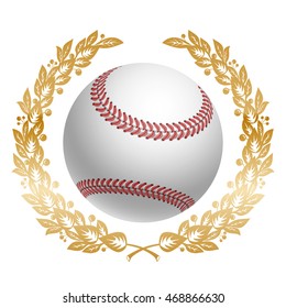 Baseball Ball in Golden Laurel Wreath. Realistic Vector Illustration. Isolated on White Background.