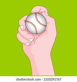 Baseball ball holding. Hand keep, throwing. Grasp with fingers. Cartoon, classic, retro, typical striped stitched red base ball. Sport, pistachio green background. Draw, outline illustration Vector