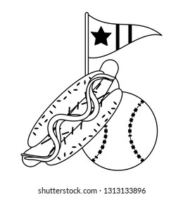 baseball ball hot dog and flag with star black and white