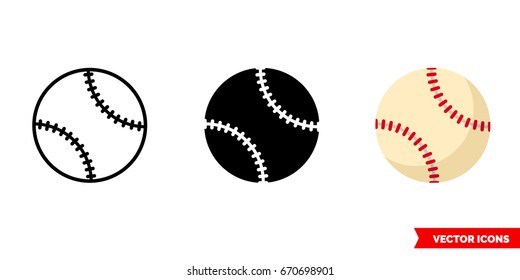 Baseball ball icon of 3 types: color, black and white, outline. Isolated vector sign symbol.