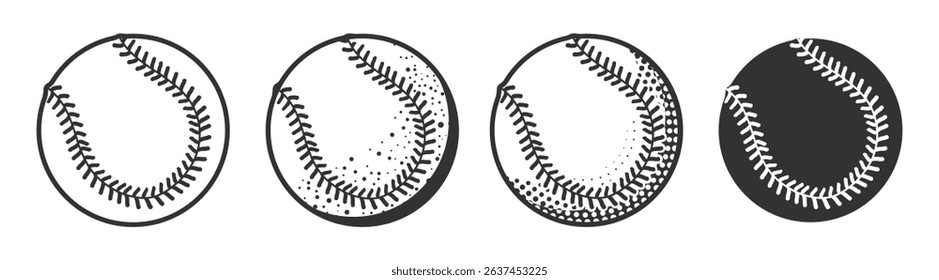 Baseball Ball Icon Set. Outline, Filled, and Character Style Vector Illustrations Isolated on Transparent Background