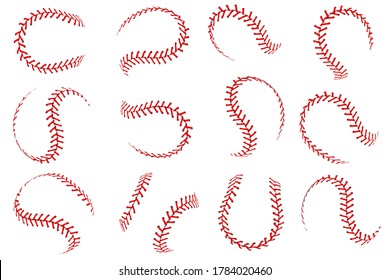 Baseball ball lace. Realistic softball balls with red threads stitches graphic elements, spherical stroke lines leather sport equipment, vector isolated set