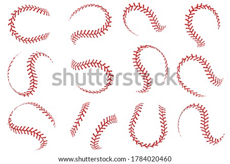 Baseball ball lace. Realistic softball balls with red threads stitches graphic elements, spherical stroke lines leather sport equipment, vector isolated set