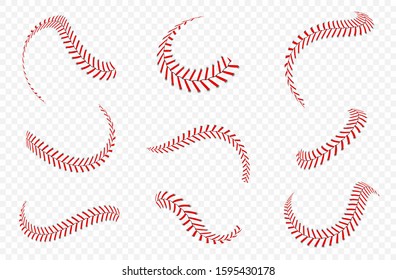 Baseball ball laces or seams set. Baseball stitches with red threads. Vector