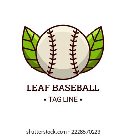 Diseño del logotipo de la pelota de béisbol con 2 vectores de hojas