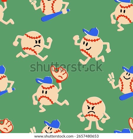 Baseball ball Mascot. Cute funny cartoon characters with bat, ball, glove, hat. Mascot in action. Vintage retro style. Hand drawn trendy Vector illustration. Square seamless Pattern, background