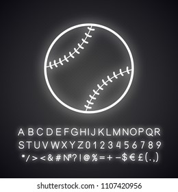 Baseball ball neon light icon. Glowing sign with alphabet, numbers and symbols. Vector isolated illustration