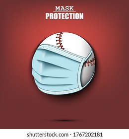 Baseball ball with a protection mask. Caution! wear protection mask. Risk disease. Cancellation of sports tournaments. Pattern design. Vector illustration