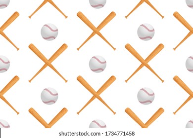 Baseball ball and realistic 3d wooden cross bat seamless pattern. Usa national sport game equipment on white background textile print.  Vector illustration