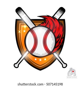 Baseball ball with red fire trail in center of shield. Sport logo isolated on white for any team or competition