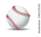 Baseball ball with red seams realistic vector illustration. American team sports game inventory. Active leisure 3d object on white background