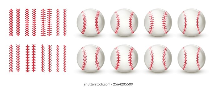 Baseball ball and red stitch set isolated on white background