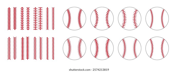 Baseball ball and red stitch set in flat style isolated on white background. Vector EPS 10