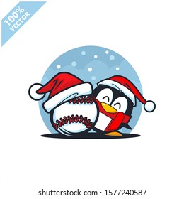 Baseball ball santa hat with cartoon christmas penguin logo vector