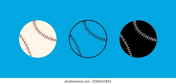 Baseball ball set icon: color, outline, black and white. For sports themes, outdoor games and team activity concepts. Flat vector on coloured background.