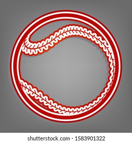 Baseball ball sign. Flat red icon with linear white icon with gray shadow at grayish background. Illustration.