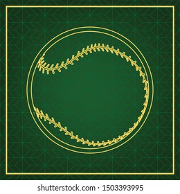 Baseball ball sign. Golden icon with gold contour at dark green gridded white background. Illustration.