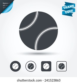 Baseball ball sign icon. Sport symbol. Circle and square buttons. Flat design set. Thank you ribbon. Vector