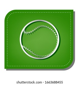 Baseball ball sign. Silver gradient line icon with dark green shadow at ecological patched green leaf. Illustration.