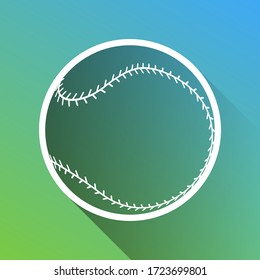 Baseball ball sign. White Icon with gray dropped limitless shadow on green to blue background. Illustration.
