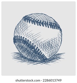 Baseball ball sketch obsolete blue style vector illustration. American baseball ball Old hand drawn azure engraving imitation.