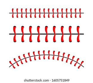 Baseball ball stitches, red lace seam isolated on background.