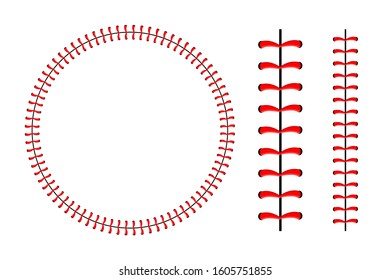 Baseball ball stitches, red lace seam isolated on background.