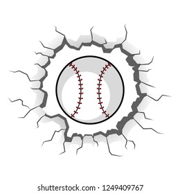 Baseball ball stuck on a wall crack. Vector illustration design