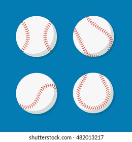 Baseball ball vector set isolated from the background. White baseballs seamed in different positions in the flat style. Sports or fitness symbol. 