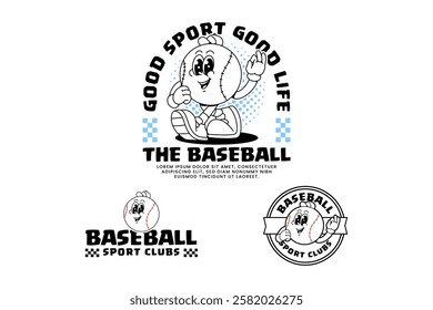 baseball ball wearing cap retro cartoon character mascot outline line art illustration set with walking pose and showing check ok hand for baseball softball sport club mascots and merchandise