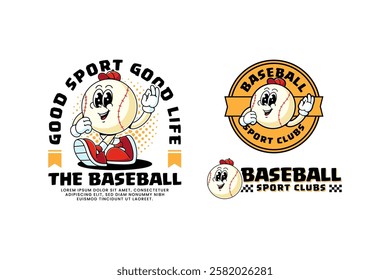 baseball ball wearing cap retro cartoon character mascot illustration collection set with walking pose and showing check ok hand for baseball softball sport club mascots and merchandise