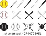 Baseball Balls and Bats Set Crossed and Single Sports Icons