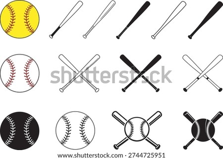 Baseball Balls and Bats Set Crossed and Single Sports Icons