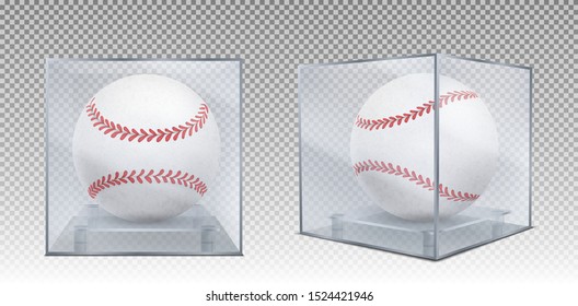 Baseball Balls In Glass Case Front And Corner View. Sports Game Trophy, Prize In Plastic Box For Display Isolated On Transparent Background. Tournament Sport Equipment Realistic 3d Vector Illustration